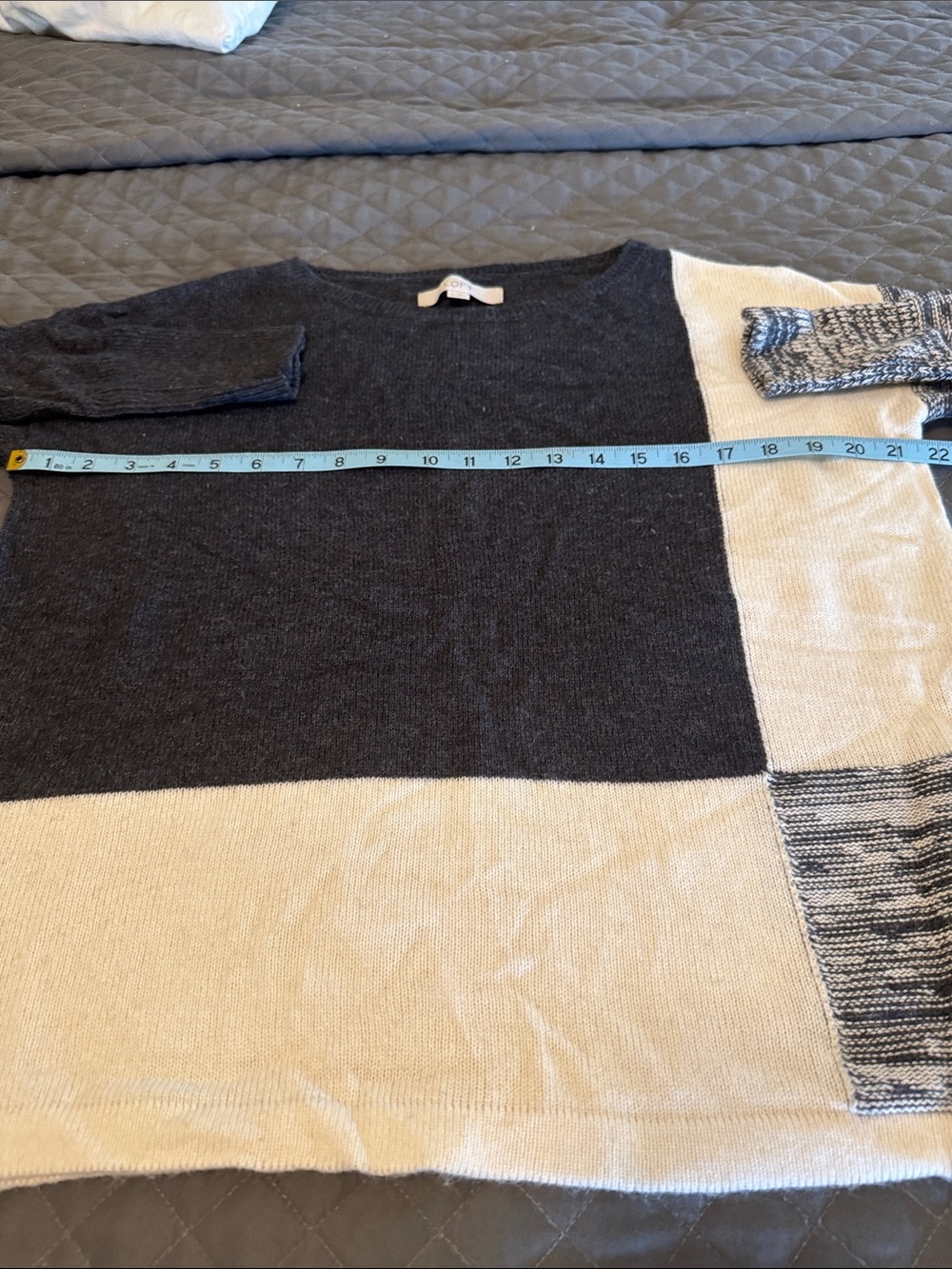 LOFT Charcoal and Cream Colorblock Crewneck Sweater